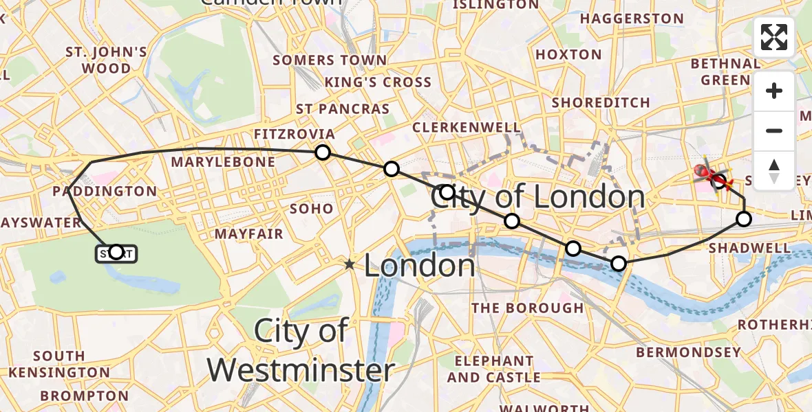 Flight route Air Ambulance Helicopter City of Westminster - Royal London Hospital, 02 July 2026, 19:31