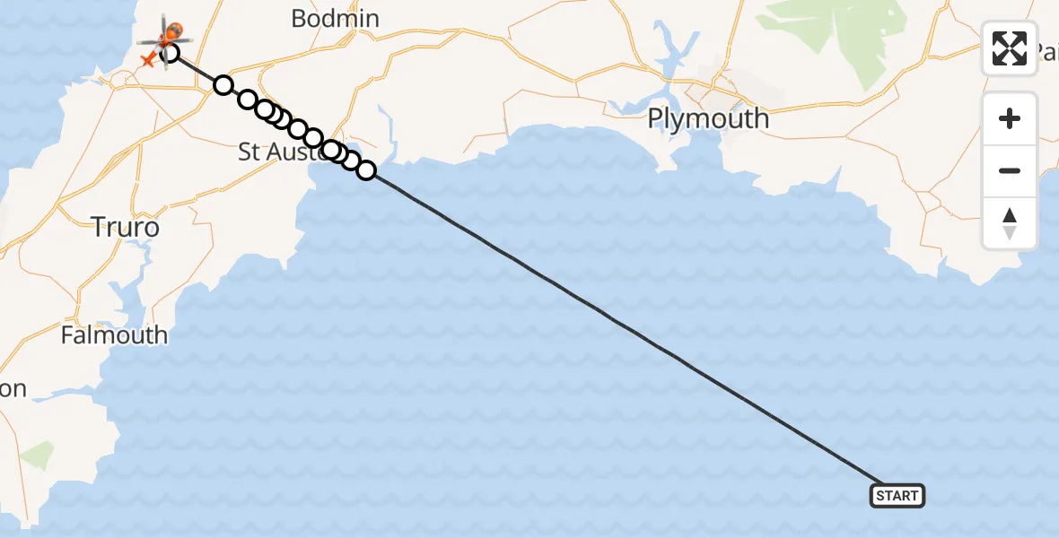 Flight route Coastguard Helicopter English Channel - Cornwall Airport Newquay, 02 July 2026, 19:32
