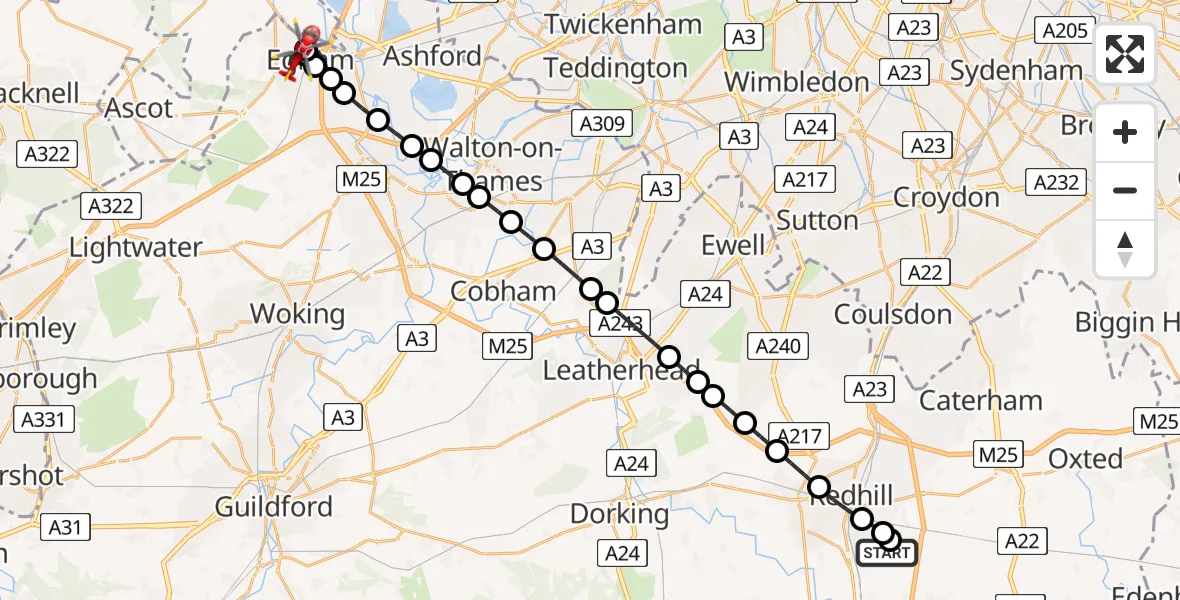Flight route Air Ambulance Helicopter Redhill Aerodrome - Egham, 02 July 2026, 19:42