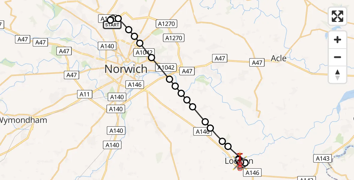 Flight route Air Ambulance Helicopter Norwich Airport - Chedgrave, 02 July 2026, 19:46