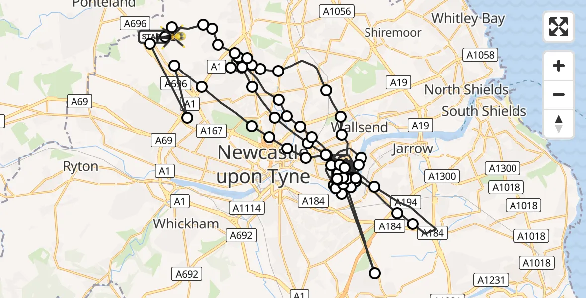 Flight route Police Helicopter Newcastle International Airport - Woolsington, 02 July 2026, 19:50