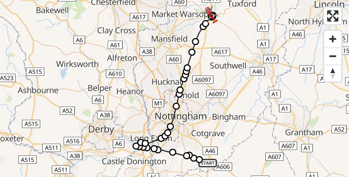 Flight route Air Ambulance Helicopter Widmerpool - Ollerton, 02 July 2026, 20:01