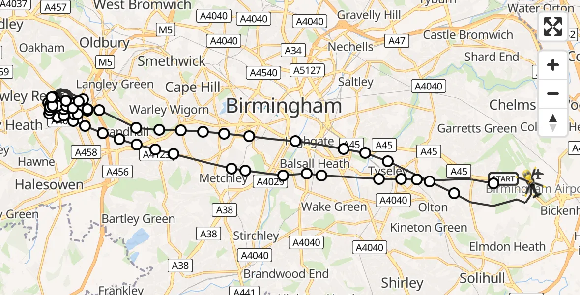Flight route Police Helicopter Birmingham Airport - Birmingham Airport, 02 July 2026, 20:10