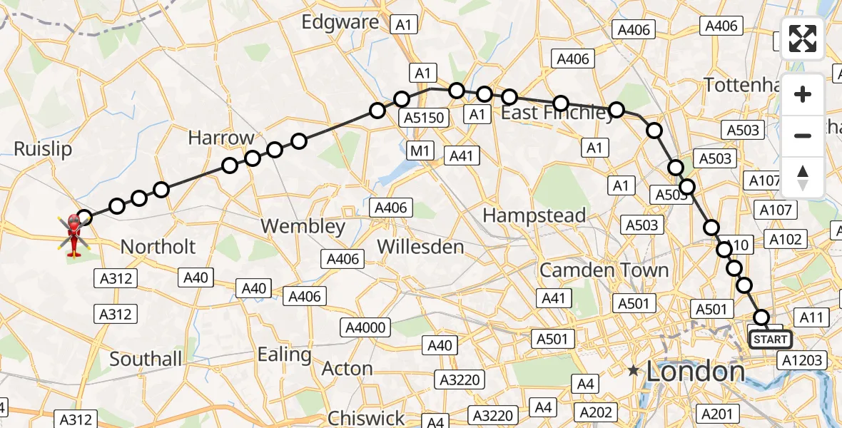 Flight route Air Ambulance Helicopter Royal London Hospital - RAF Northolt, 02 July 2026, 20:23