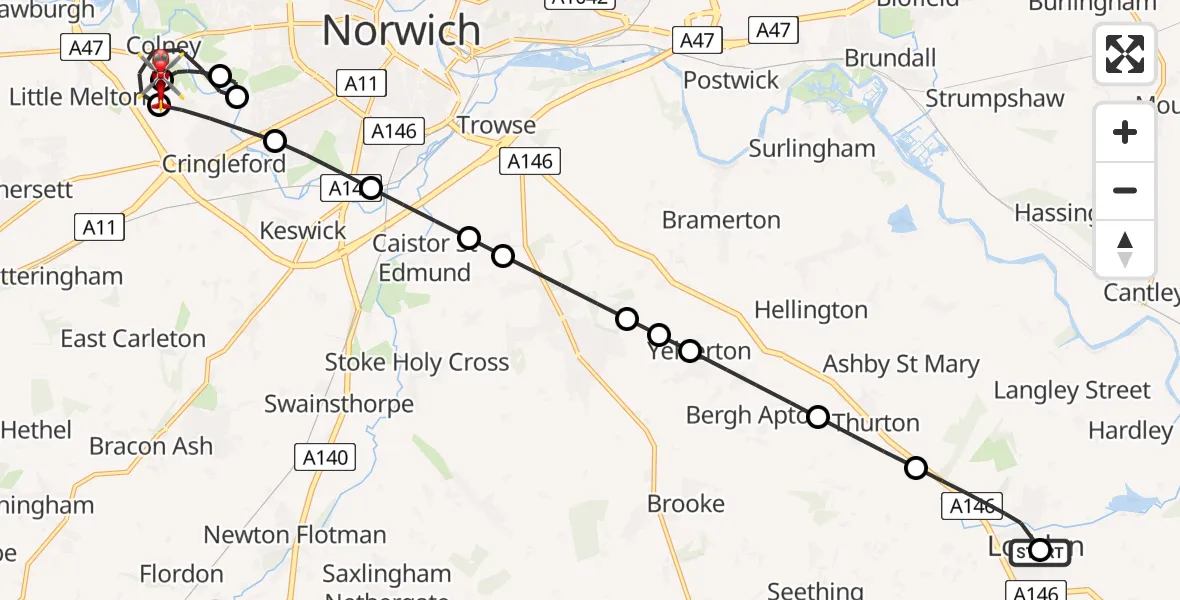 Flight route Air Ambulance Helicopter Loddon - Norfolk & Norwich Hospital, 02 July 2026, 20:35