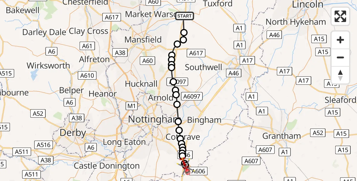 Flight route Air Ambulance Helicopter Ollerton - Nottingham Heliport, 02 July 2026, 20:45