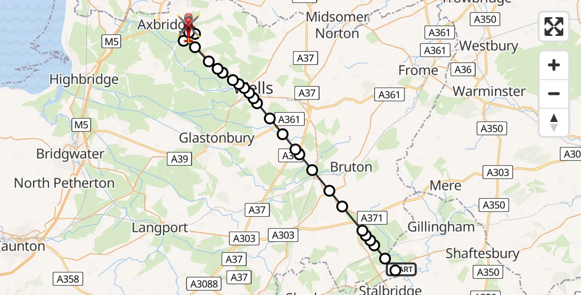 Flight route Air Ambulance Helicopter Henstridge Airfield - Cheddar, 02 July 2026, 20:49