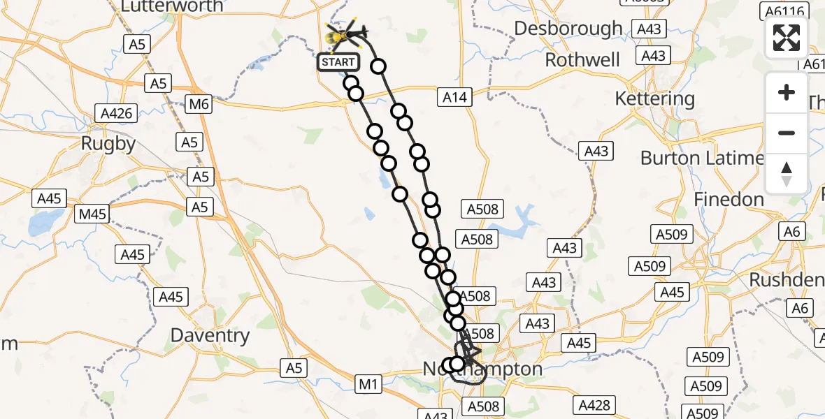 Flight route Police Helicopter Welford - Sibbertoft, 02 July 2026, 21:00