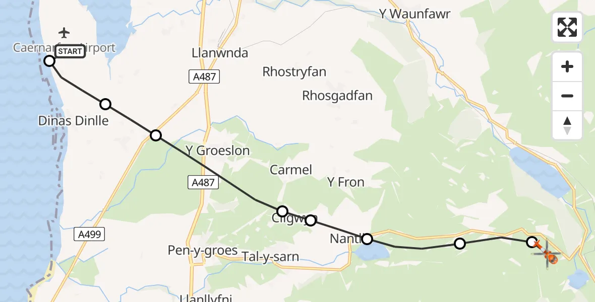 Flight route Coastguard Helicopter Caernarfon Airport - Rhyd-ddu, 02 July 2026, 21:07