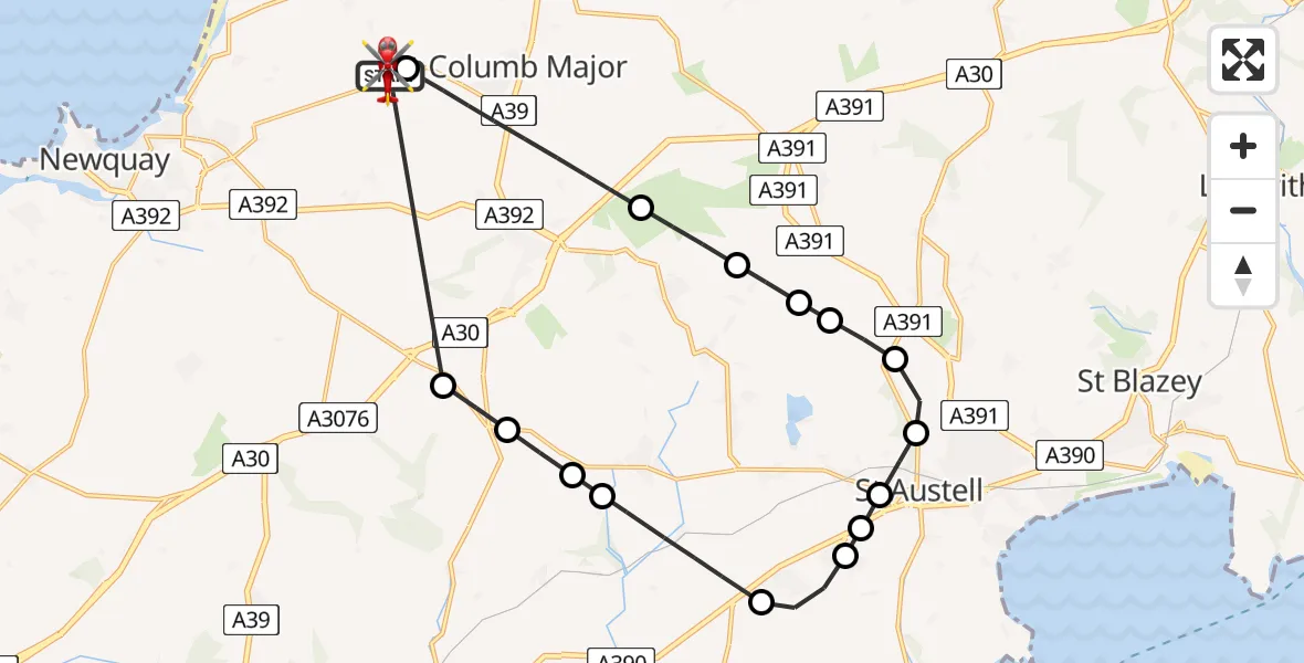 Flight route Air Ambulance Helicopter Cornwall Airport Newquay - Cornwall Airport Newquay, 02 July 2026, 21:10
