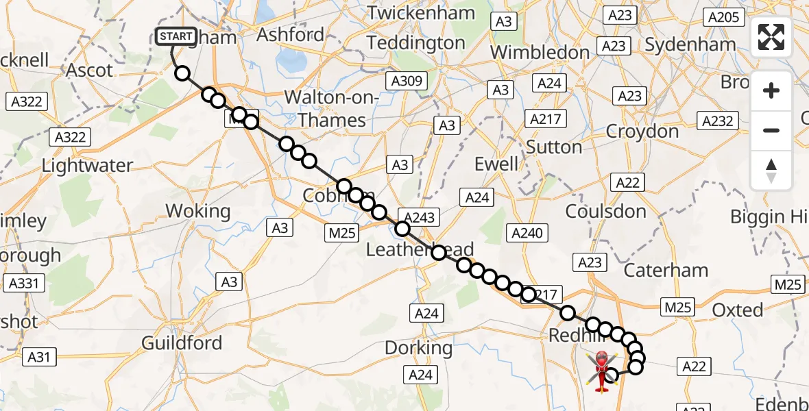 Flight route Air Ambulance Helicopter Englefield Green - Redhill Aerodrome, 02 July 2026, 21:15