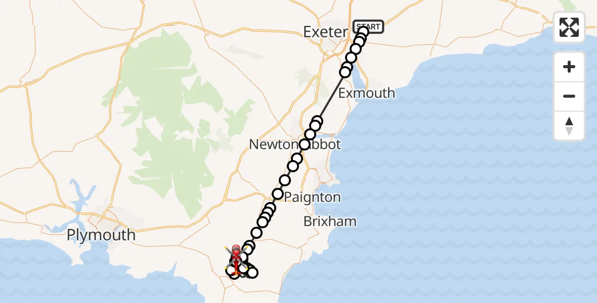 Flight route Air Ambulance Helicopter Exeter International Airport - Loddiswell, 02 July 2026, 21:32