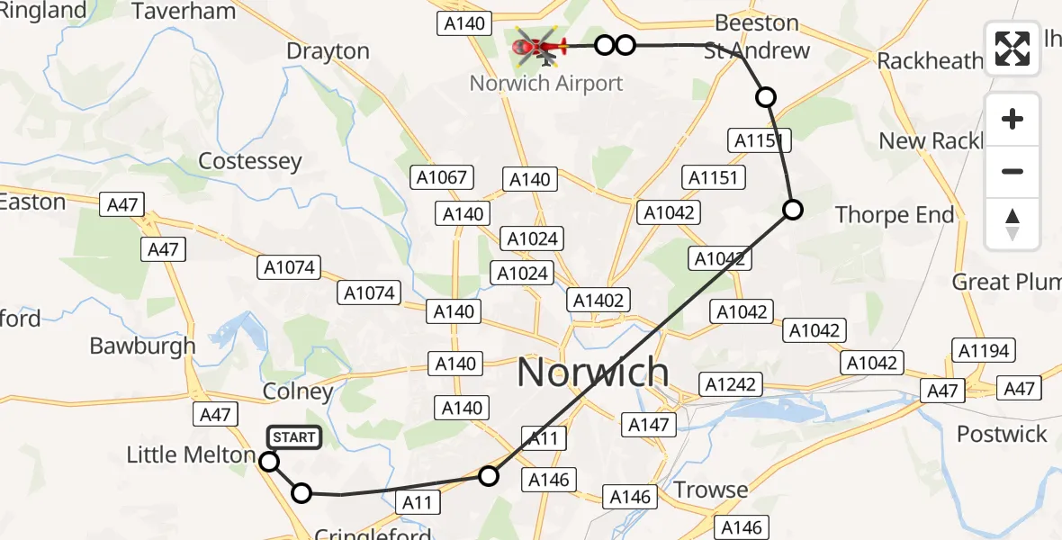 Flight route Air Ambulance Helicopter Norfolk & Norwich Hospital - Norwich Airport, 02 July 2026, 21:34