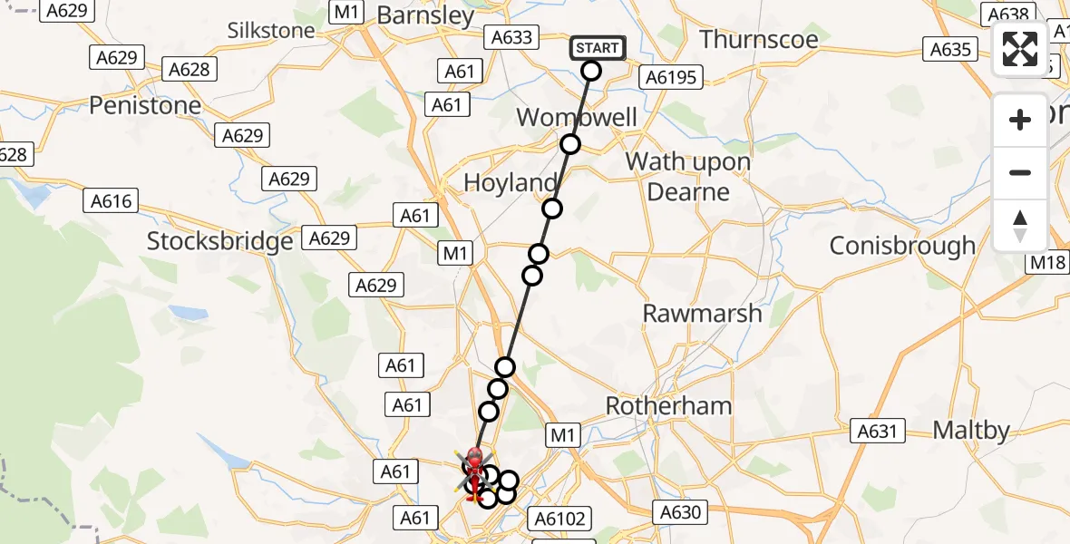 Flight route Air Ambulance Helicopter Barnsley - Sheffield Northern Hospital, 02 July 2026, 21:42