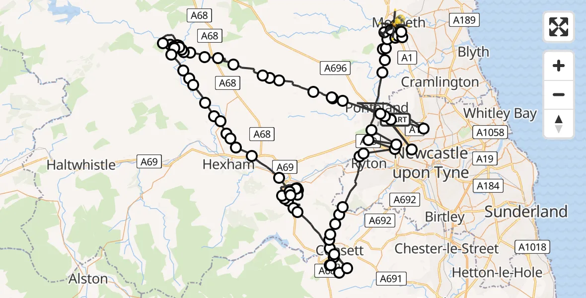 Flight route Police Helicopter Newcastle International Airport - Morpeth, 02 July 2026, 21:58