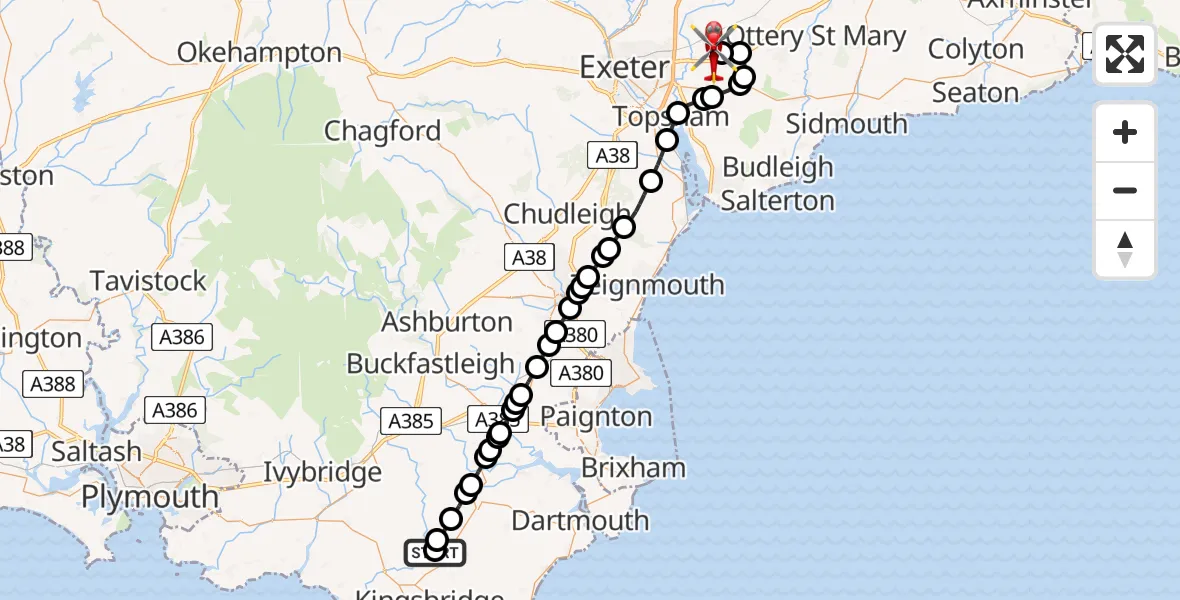 Flight route Air Ambulance Helicopter South Hams - Exeter International Airport, 02 July 2026, 22:09