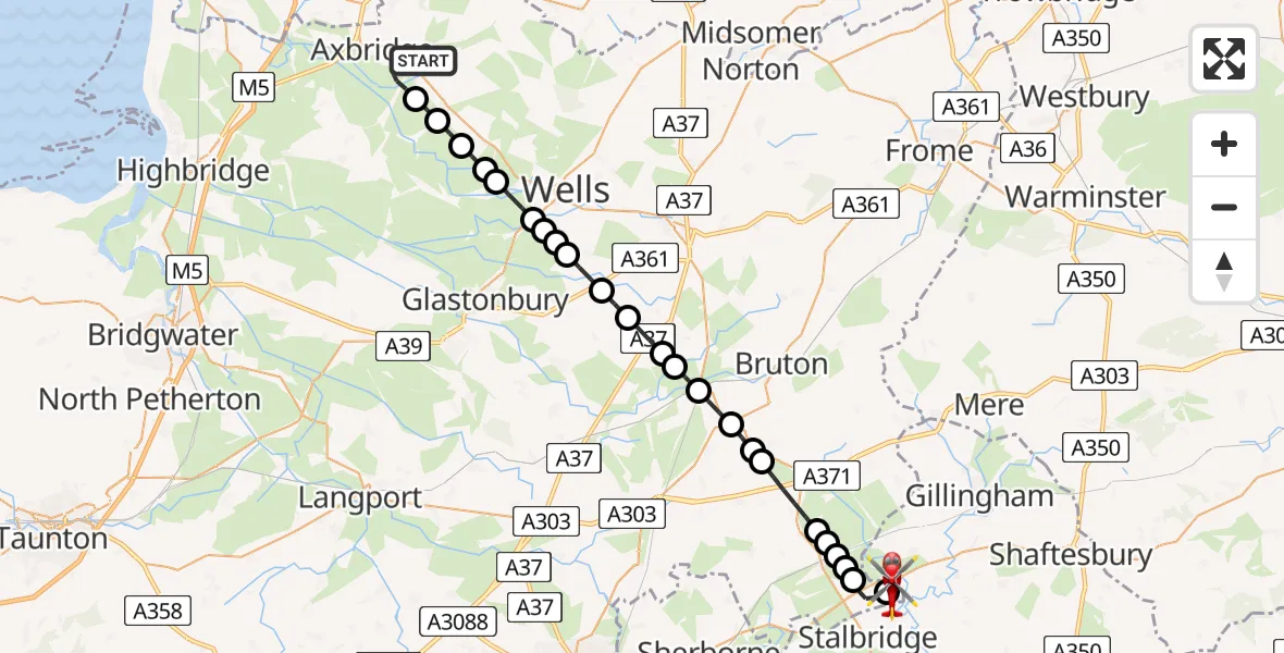 Flight route Air Ambulance Helicopter Cheddar - Henstridge Airfield, 02 July 2026, 22:09