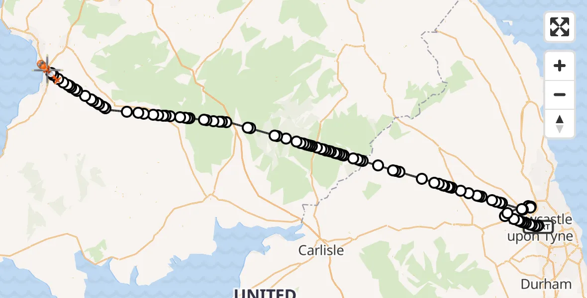 Flight route Coastguard Helicopter Newcastle Royal Victoria Infirmary - Glasgow Prestwick Airport, 02 July 2026, 22:16