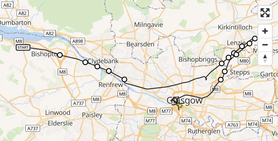 Flight route Police Helicopter Bishopton - Glasgow, 02 July 2026, 22:19