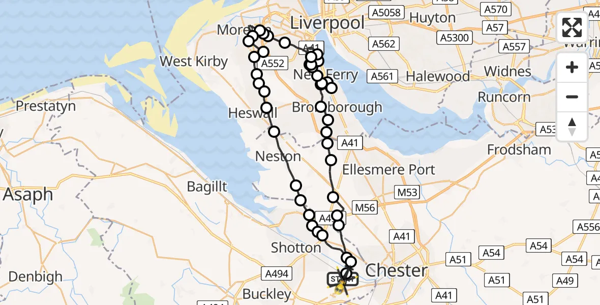 Flight route Police Helicopter Hawarden Airport - Hawarden Airport, 02 July 2026, 22:21