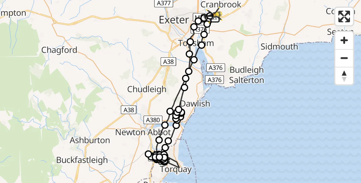 Flight route Police Helicopter Exeter International Airport - Exeter International Airport, 02 July 2026, 22:26
