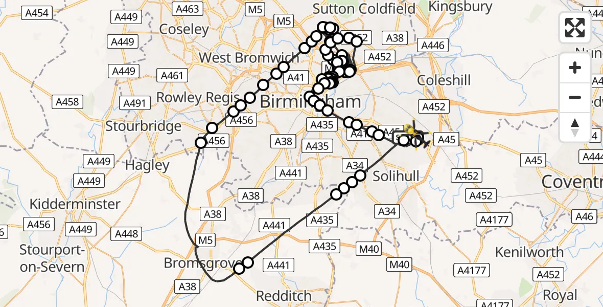 Flight route Police Helicopter Birmingham Airport - Birmingham Airport, 02 July 2026, 22:30