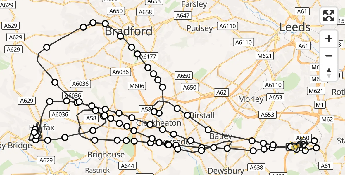 Flight route Police Helicopter East Ardsley - East Ardsley, 02 July 2026, 22:35