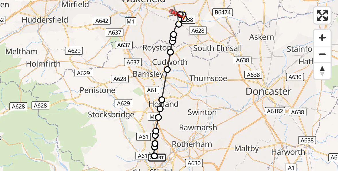 Flight route Air Ambulance Helicopter Sheffield Northern Hospital - YAA Nostell Helicopter Port, 02 July 2026, 22:37