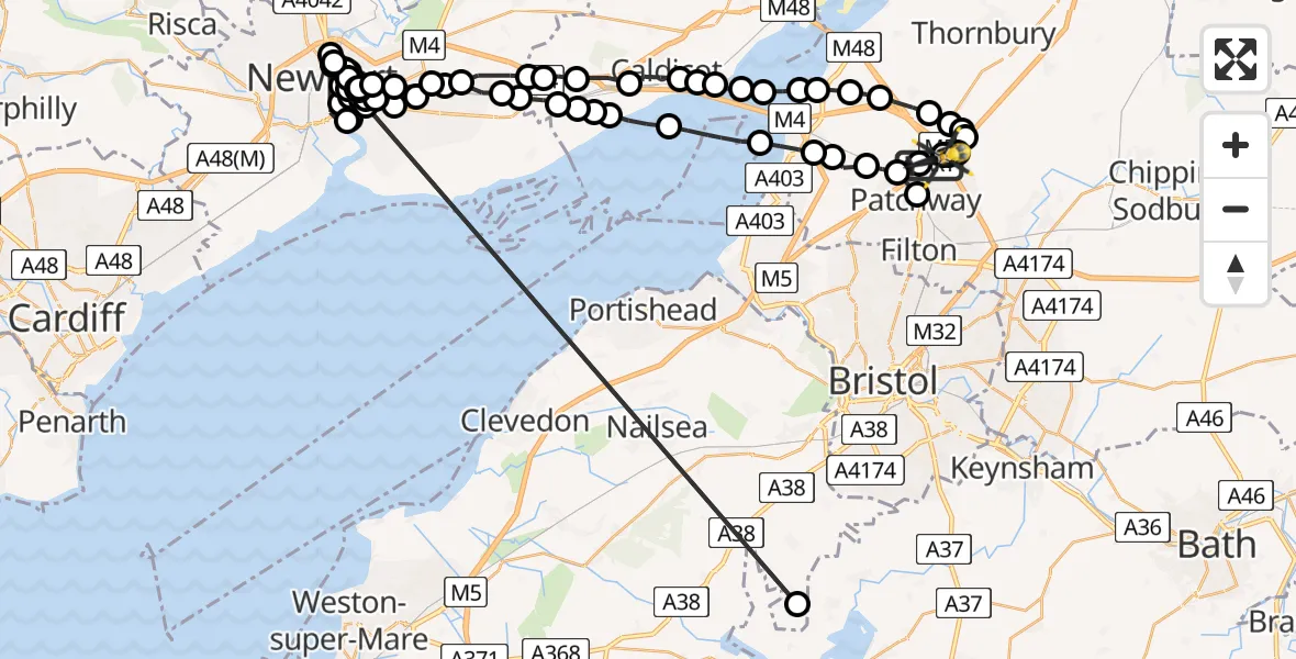 Flight route Police Helicopter Almondsbury Helicopter Base - Almondsbury Helicopter Base, 02 July 2026, 22:43