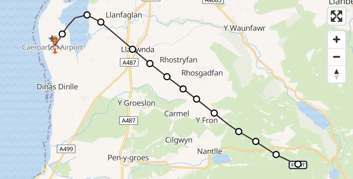 Flight route Coastguard Helicopter Llanllyfni - Caernarfon Airport, 02 July 2026, 22:57