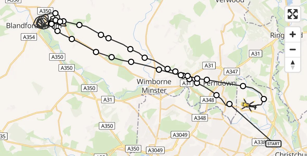 Flight route Police Helicopter Christchurch - Bournemouth Airport, 02 July 2026, 23:00