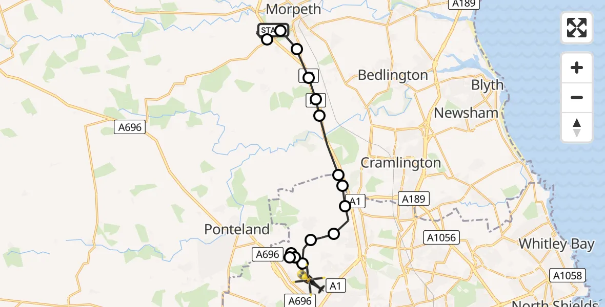 Flight route Police Helicopter Morpeth - Woolsington, 02 July 2026, 23:06