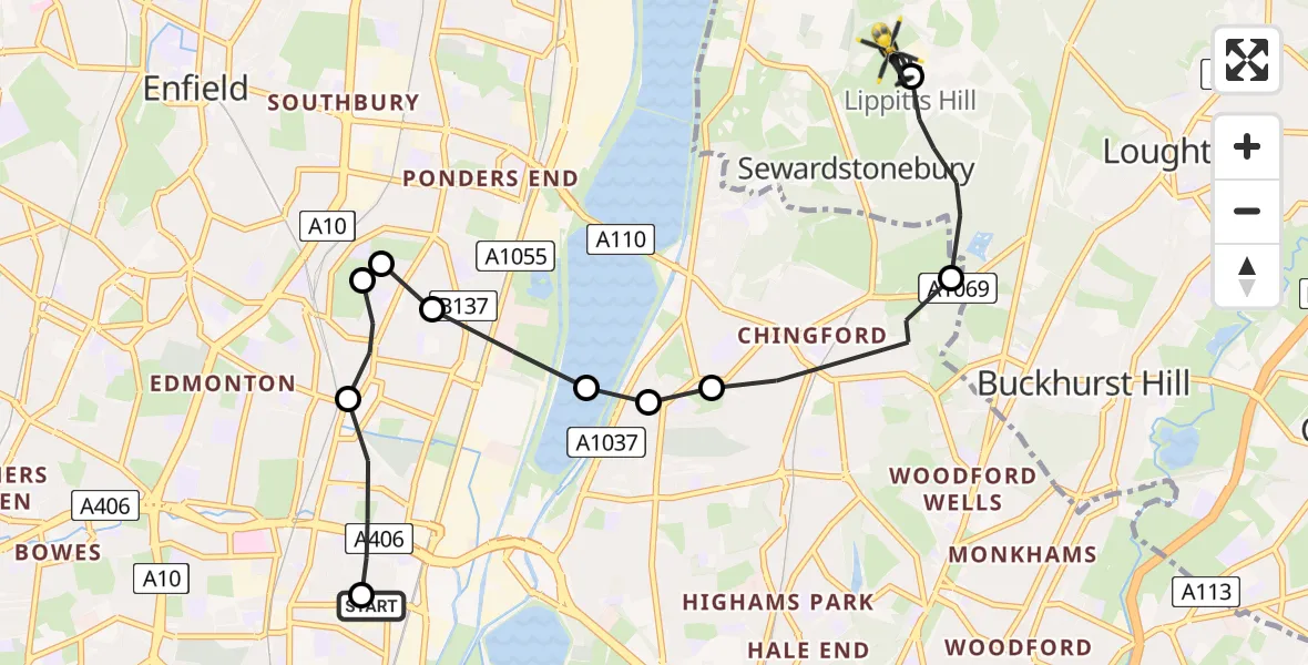 Flight route Police Helicopter Enfield - Metropolitan Police Air Support Unit Lippitts Hill, 02 July 2026, 23:16
