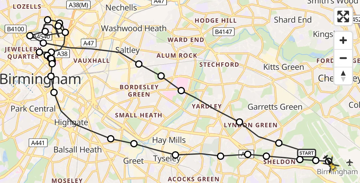 Flight route Police Helicopter Sheldon - Birmingham Airport, 03 July 2026, 00:21
