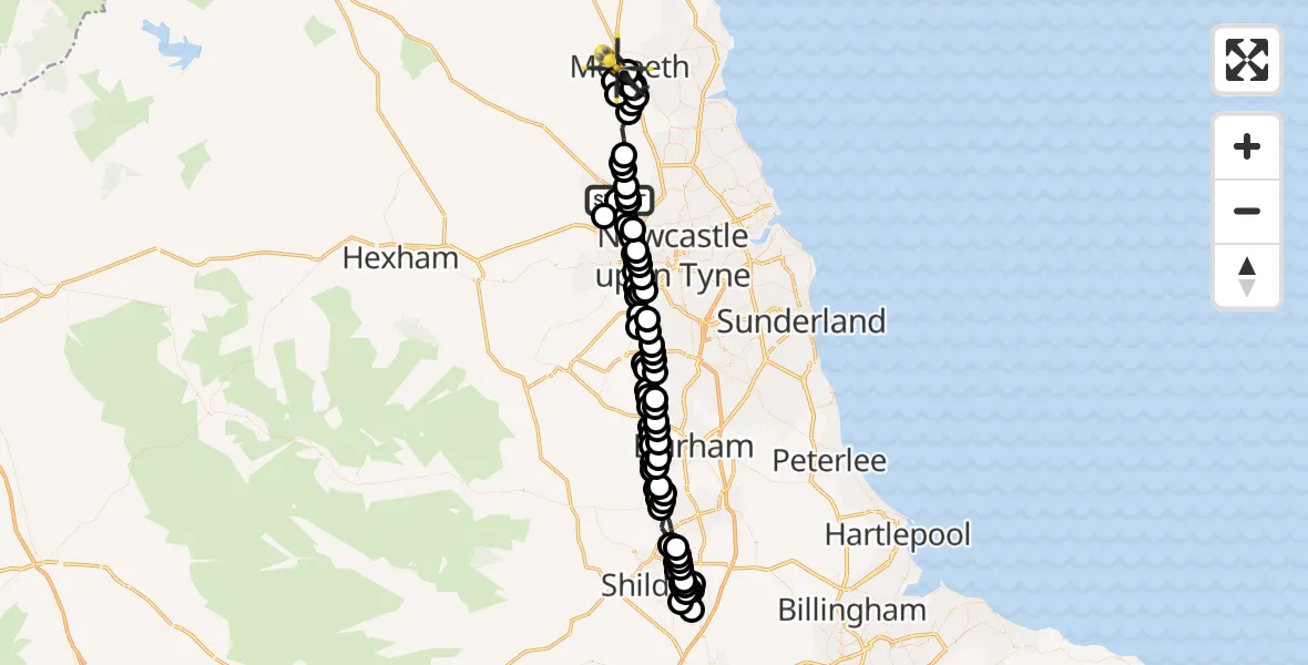 Flight route Police Helicopter Newcastle International Airport - Morpeth, 03 July 2026, 00:28