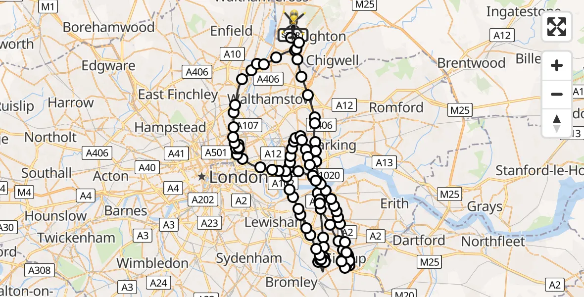 Flight route Police Helicopter Metropolitan Police Air Support Unit Lippitts Hill - Sewardstonebury, 03 July 2026, 00:35