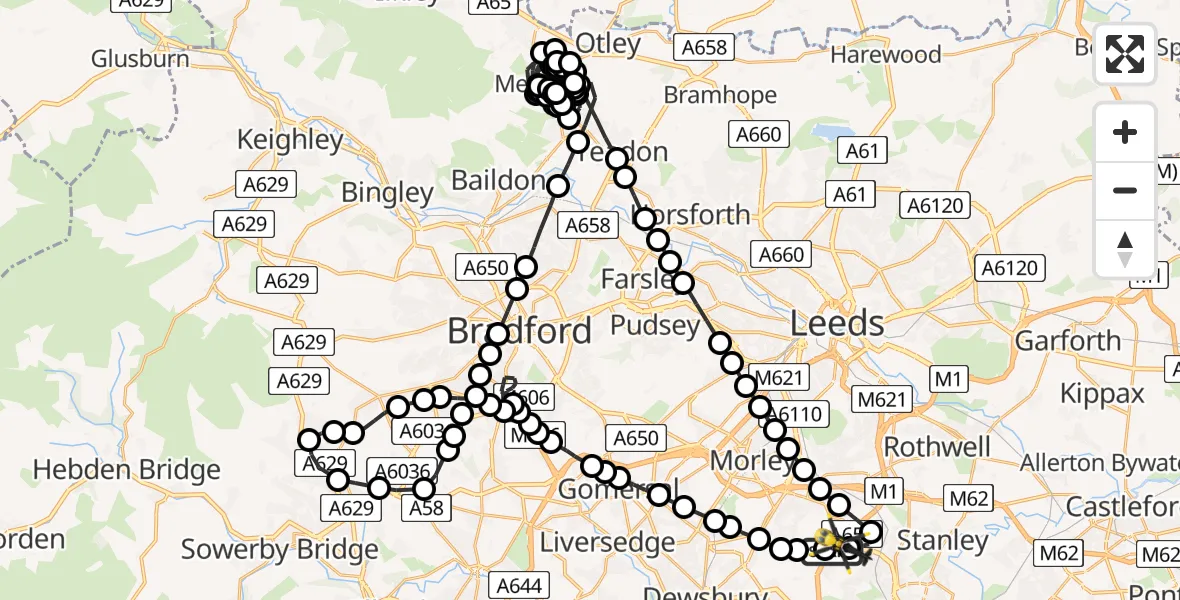 Flight route Police Helicopter East Ardsley - Brandy Carr, 03 July 2026, 00:36