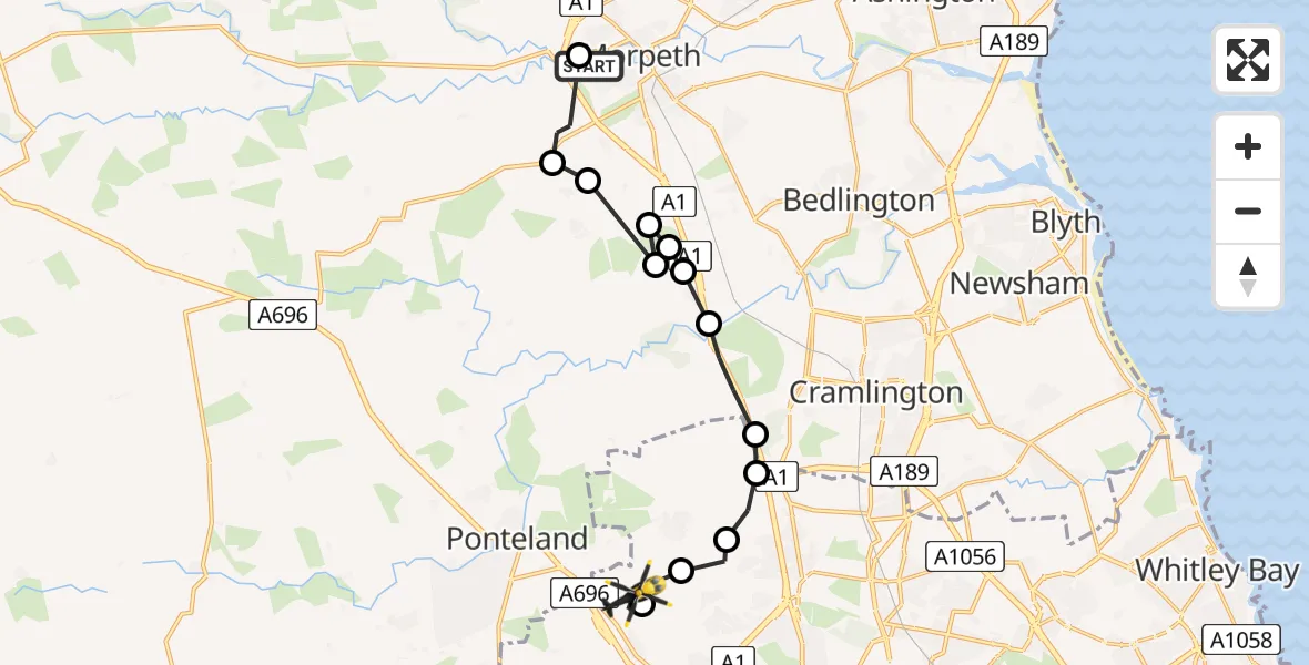 Flight route Police Helicopter Morpeth - Newcastle International Airport, 03 July 2026, 01:27