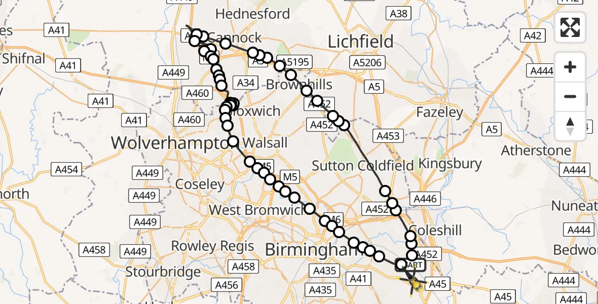 Flight route Police Helicopter Solihull - Birmingham Airport, 03 July 2026, 01:28