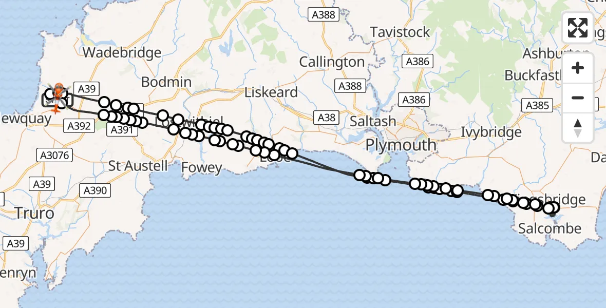 Flight route Coastguard Helicopter Cornwall Airport Newquay - Cornwall Airport Newquay, 03 July 2026, 01:29