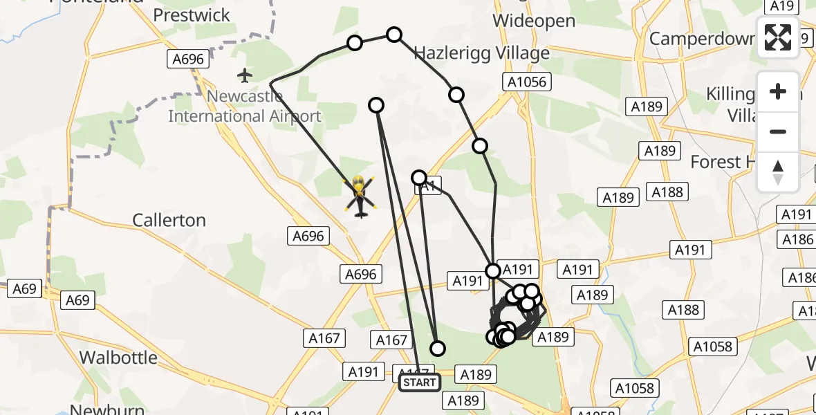 Flight route Police Helicopter Cowgate - Newcastle upon Tyne, 03 July 2026, 01:51
