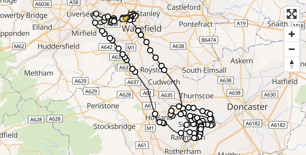 Flight route Police Helicopter Wrenthorpe - East Ardsley, 03 July 2026, 03:48