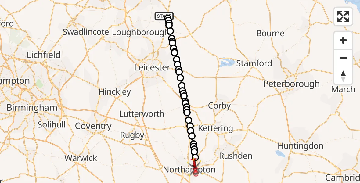 Flight route Air Ambulance Helicopter Widmerpool - Northampton, 03 July 2026, 05:59