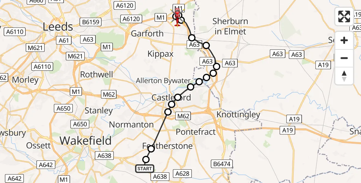 Flight route Air Ambulance Helicopter YAA Nostell Helicopter Port - Garforth, 03 July 2026, 06:50