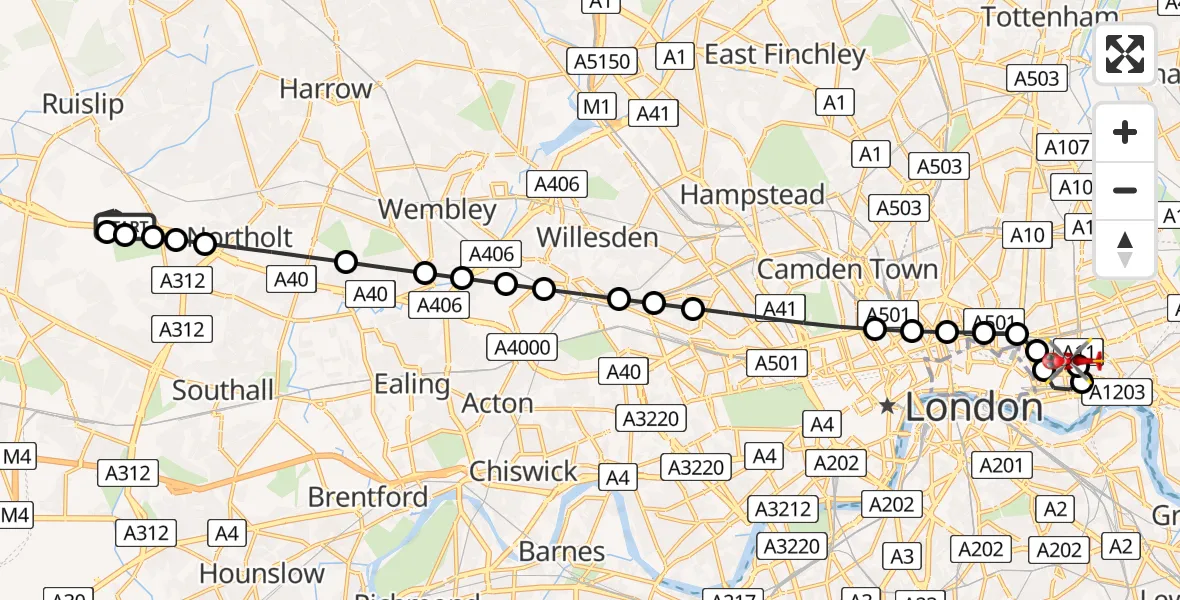 Flight route Air Ambulance Helicopter RAF Northolt - Royal London Hospital, 03 July 2026, 06:52