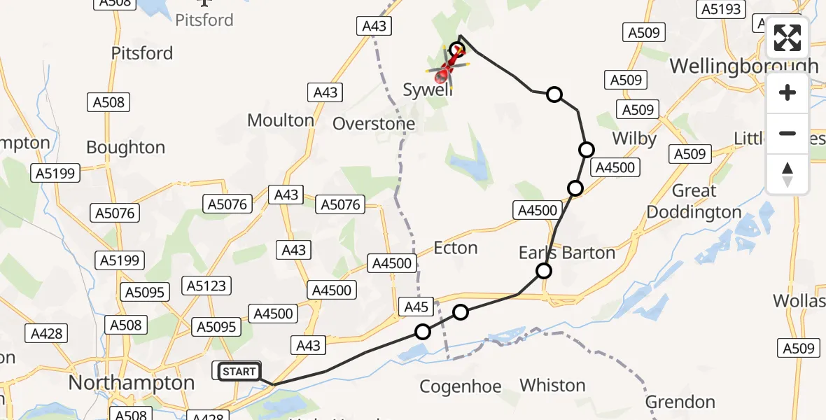 Flight route Air Ambulance Helicopter Northampton - Sywell Aerodrome, 03 July 2026, 06:57