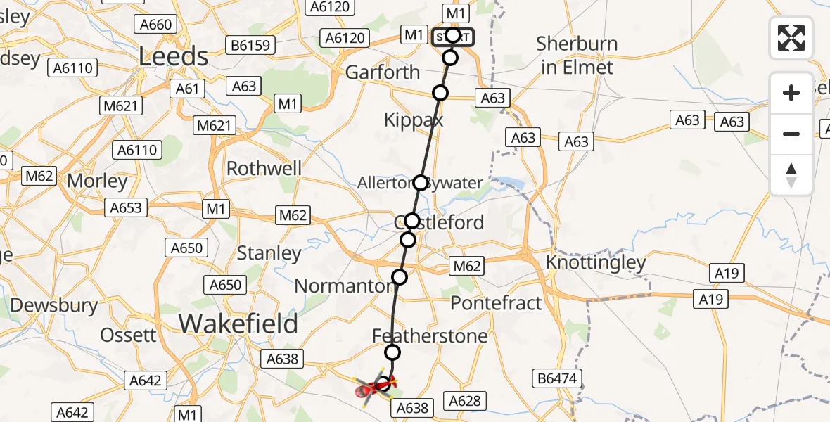 Flight route Air Ambulance Helicopter Micklefield - YAA Nostell Helicopter Port, 03 July 2026, 07:43