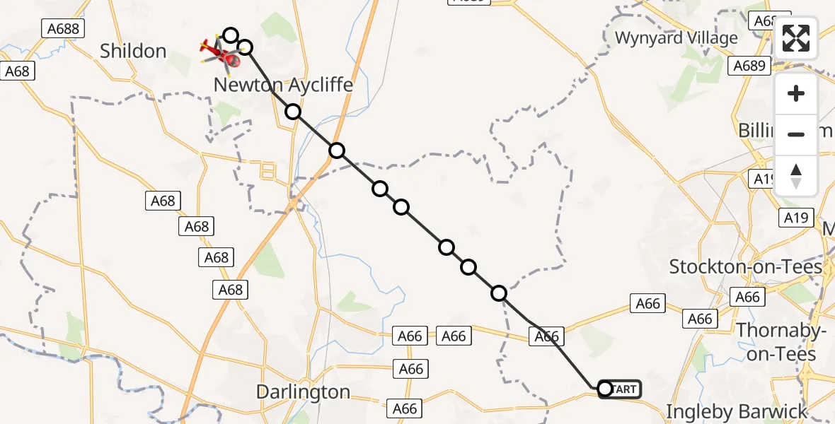Flight route Air Ambulance Helicopter Egglescliffe - Newton Aycliffe, 03 July 2026, 07:45