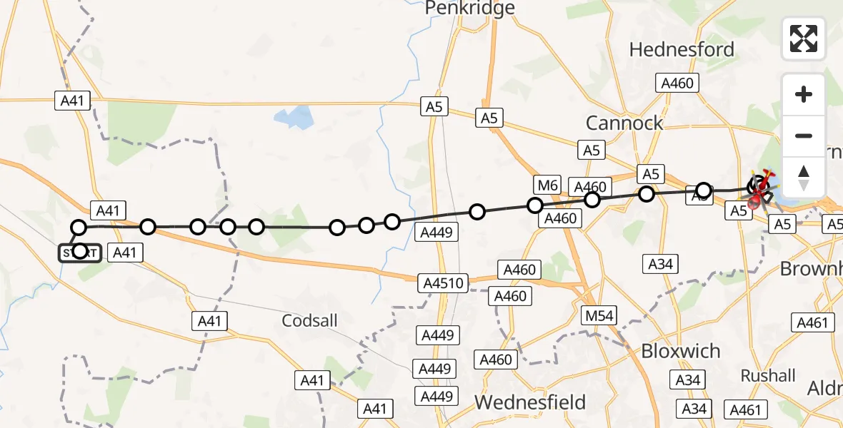 Flight route Air Ambulance Helicopter RAF Cosford - Brownhills West, 03 July 2026, 07:55