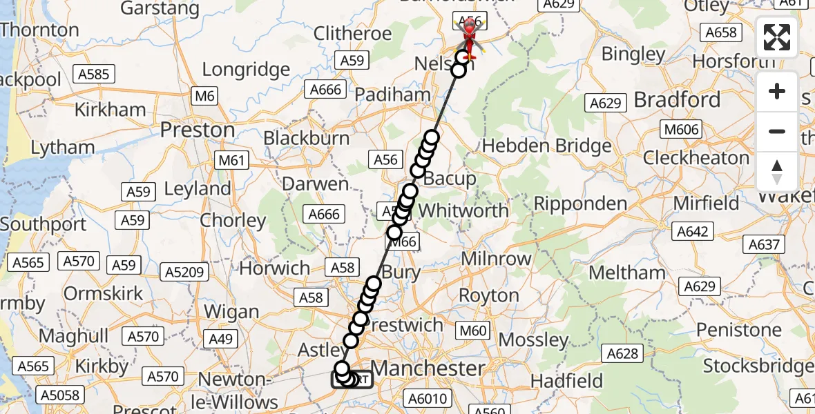 Flight route Air Ambulance Helicopter Manchester Barton Aerodrome - Colne, 03 July 2026, 07:57